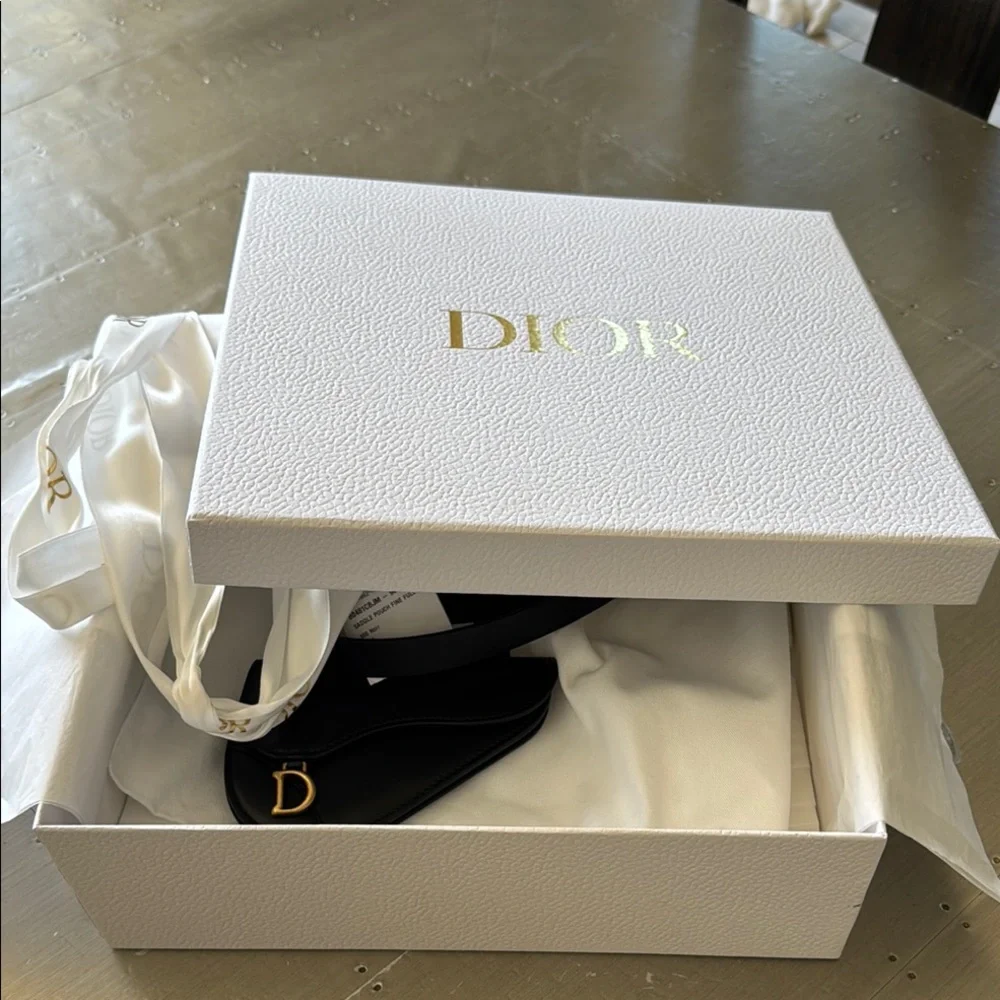 Christian Dior saddle Black Leather logo Belt with Gold Sz 85
